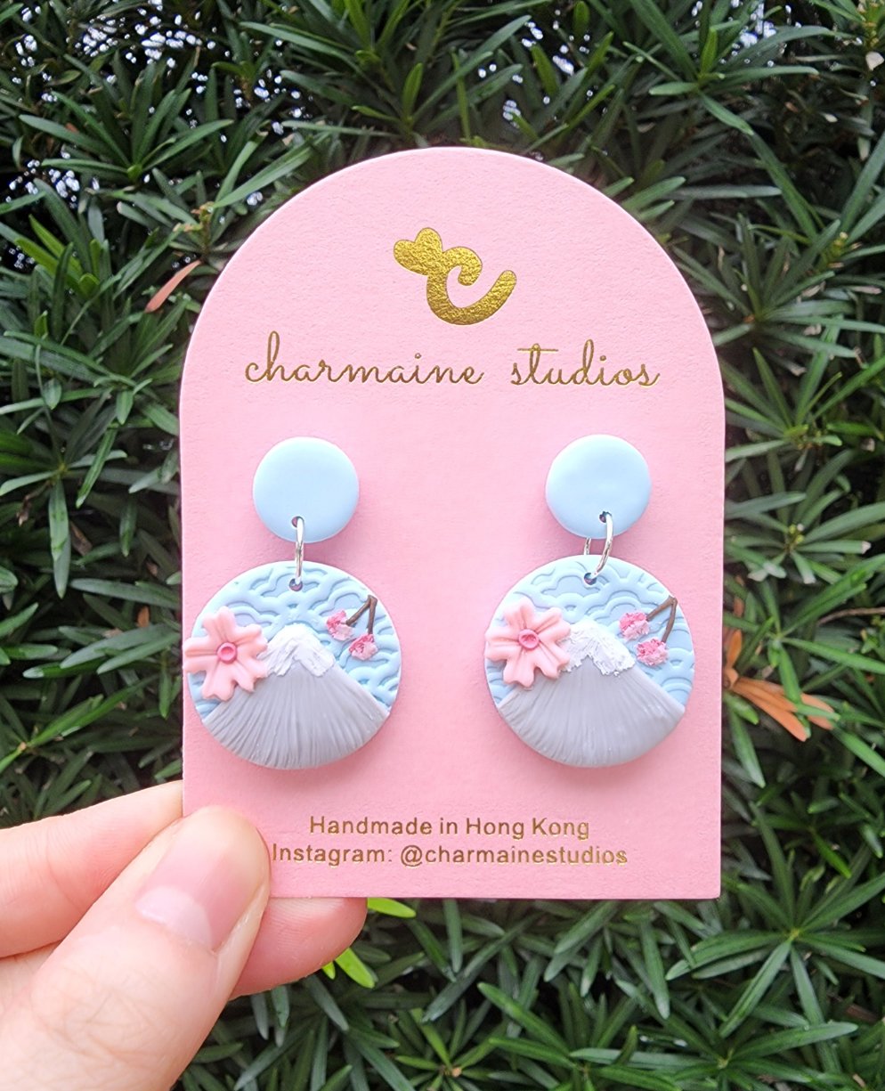 Fuji Mountain Polymer Clay Earrings Embroidery Landscape Earrings Pink Mountain Earrings Special Earrings Sweet Earrings on sale For Her