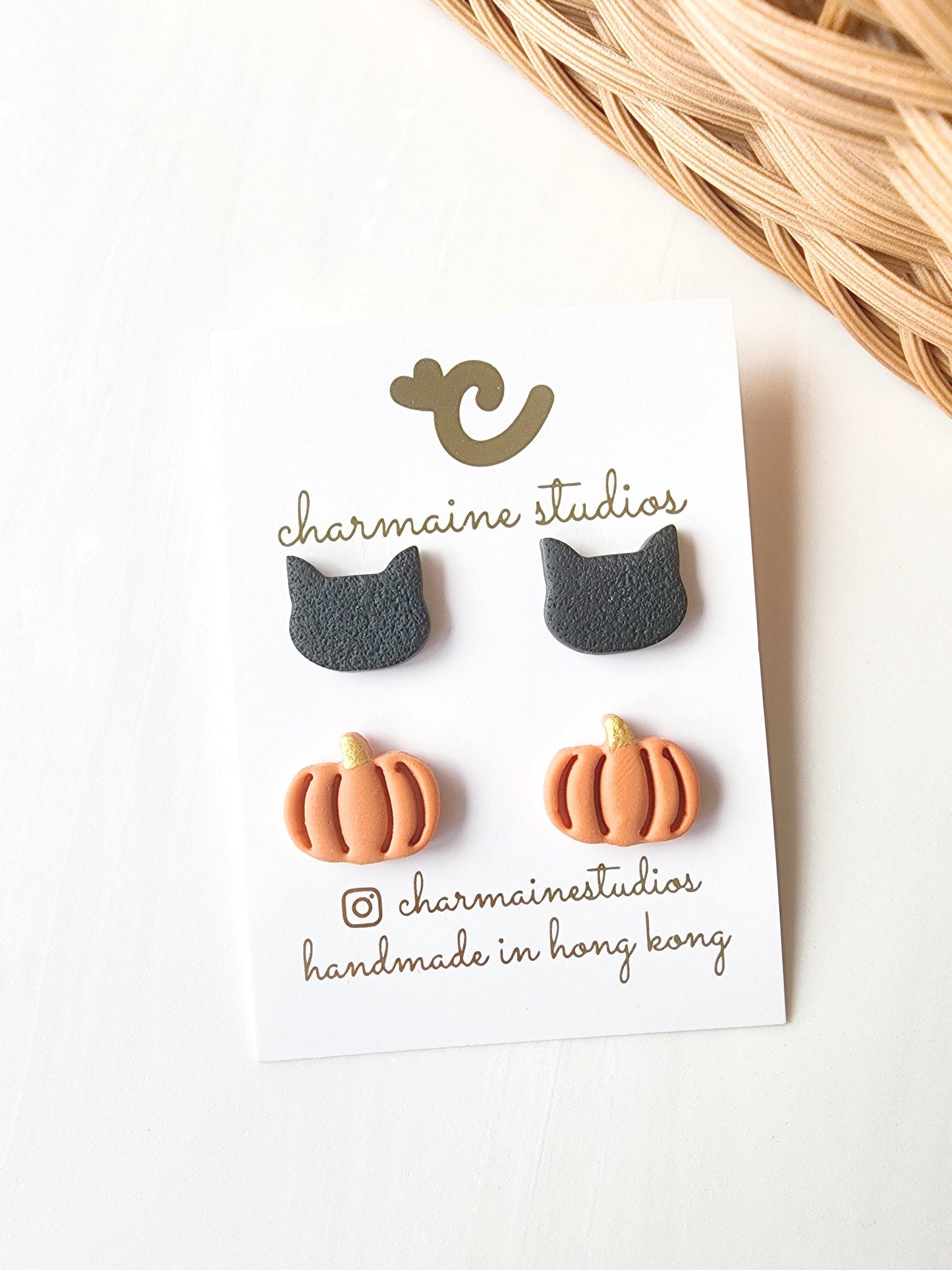 Halloween Pumpkin and Black Cat Stud Set